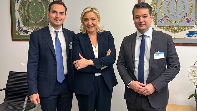 von links: Dominik Nepp, Marine Le Pen und Maximilian Krauss (Bild: FPÖ Wien)