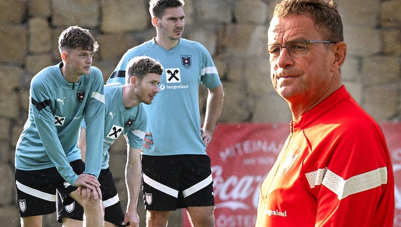 Paul Wanner, Florian Kainz and Maximilian Wöber under the watchful eye of team boss Ralf Rangnick. (Bild: APA, gepa, krone.at-grafik)