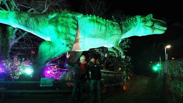 Mit sehenswerten Lichteffekten präsentiert Christoph Rahofer im Dumba-Park in Tattendorf seine lebensgroßen Dinosaurier-Modelle. (Bild: Judt Reinhard)