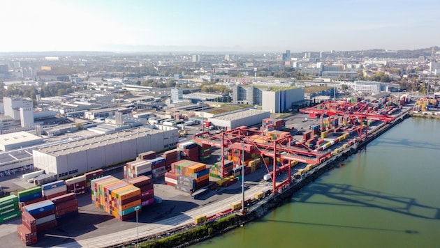 Spektakulärer Blick aus der Luft auf das 120.000 Quadratmeter große Containerterminal. (Bild: Harald Dostal)