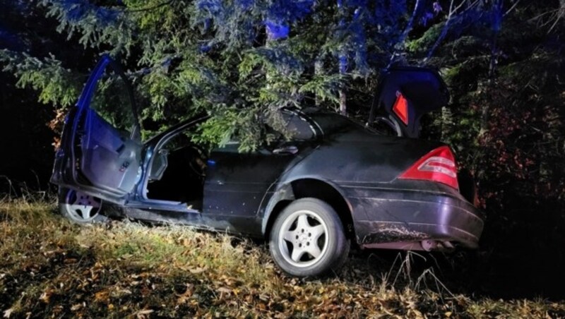 Das Fahrzeug blieb zum Glück in den Bäumen hängen. (Bild: FF Möltschach)