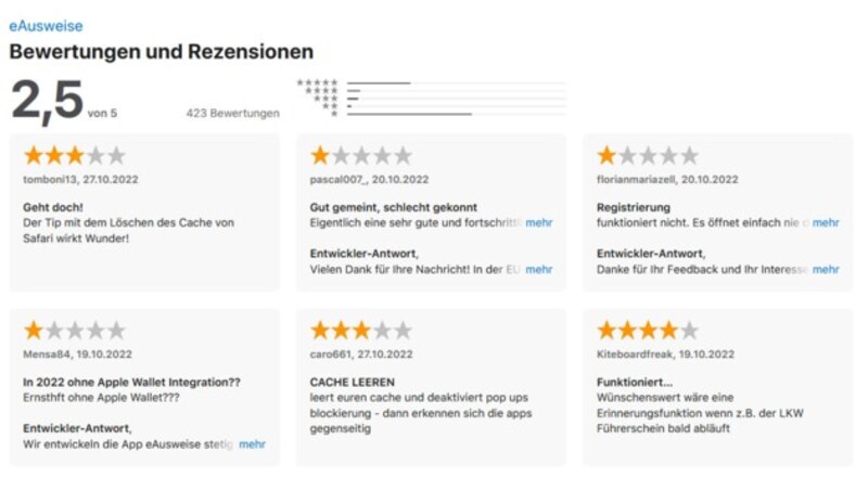 Auszug aus den Bewertungen in Apples App Store, abgerufen am 18. November (Bild: Screenshot, App Store)