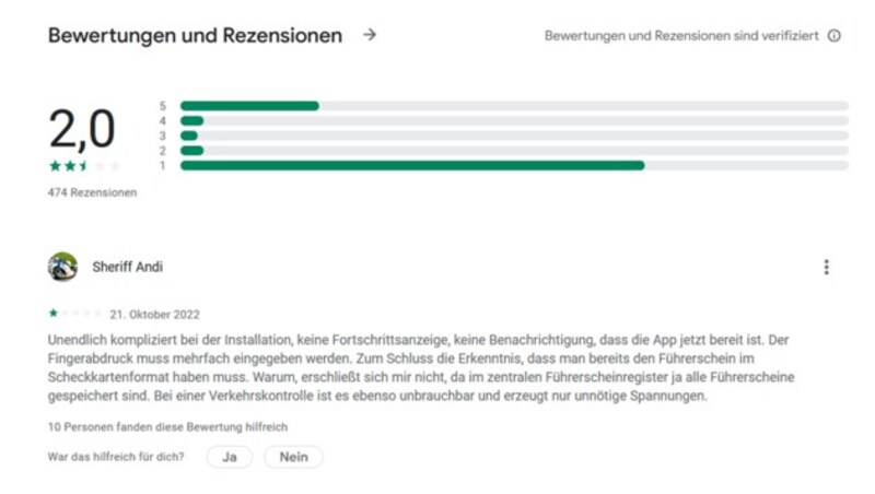 Auszug aus den Bewertungen in Googles Play Store, abgerufen am 18. November (Bild: Screenshot, Google Play Store)