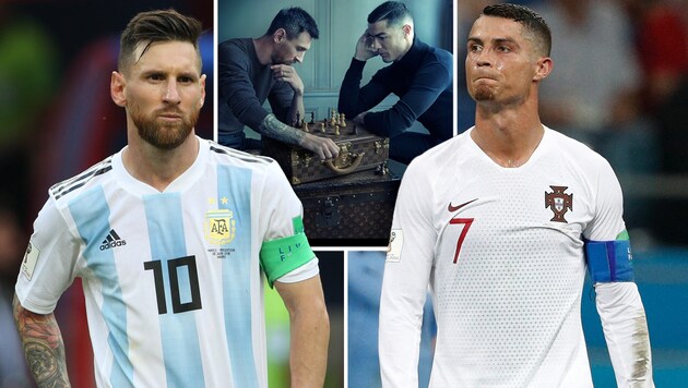 Lionel Messi (li.) und Cristiano Ronaldo (re.) spielten für Louis Vuitton zusammen Schach (Bild: AFP or licensors, instagram.com/louisvuitton)