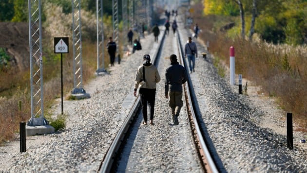 Migranten gehen auf den Bahngleisen nahe der Grenzlinie zwischen Serbien und Ungarn (Bild: The Associated Press)