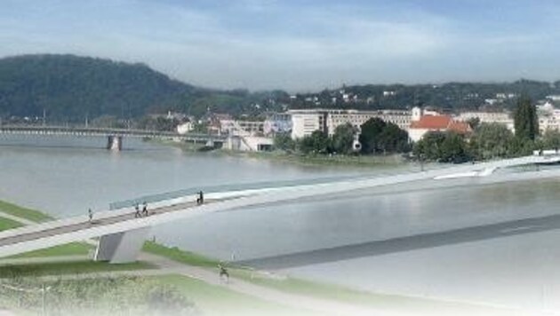Der Architektenwettbewerb für den Steg über die Donau kostete einst 200.000 € - realisiert wurde die Brücke auf Höhe Brucknerhaus nie. (Bild: Architektenwettbewerb der Stadt Linz)