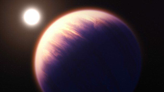 Künstlerische Illustration: Der Exoplanet WASP-3b (im Vordergrund), in dessen Atmosphäre Schwefeldioxid gefunden wurde, und sein Stern (links oben) (Bild: NASA, ESA, CSA, J. Olmsted (STSc))