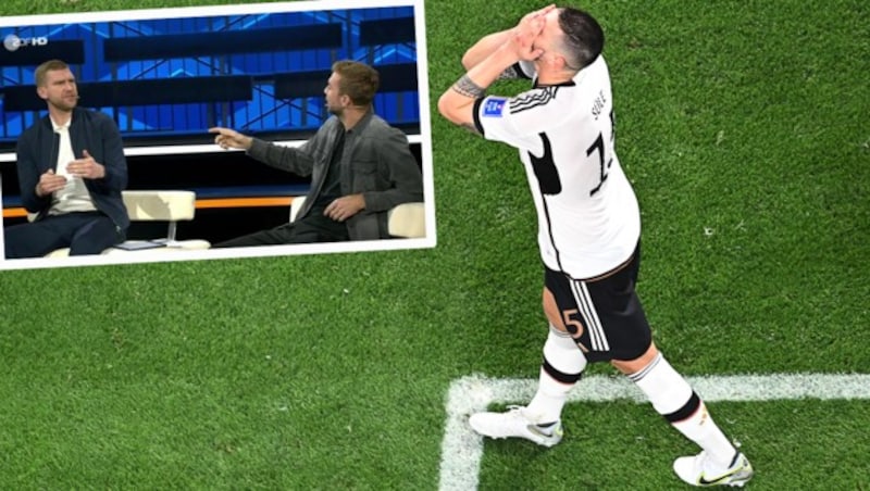 Hitziger Schlagabtausch zwischen den ZDF-Experten Per Mertesacker (li.) und Christoph Kramer nach der deutschen WM-Blamage (Bild: APA/AFP/Antonin THUILLIER, ZDF (Screenshot))