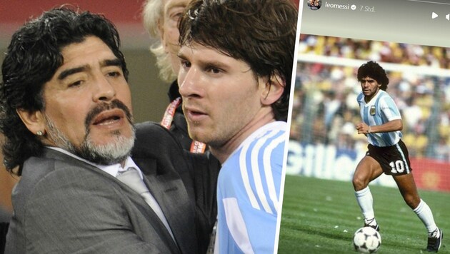 Lionel Messi und Diego Maradona links im Jahr 2010, rechts die Insta-Story von Messi zu Diegos Tod. (Bild: APA/AFP/Javier SORIANO, Instagram.com/leomessi)