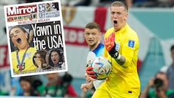 Das Titelbild des „Daily Mirror“ und England-Keeper Jordan Pickford (Bild: AP, "Daily Mirror")