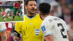 Jose Gimenez (re.) beschwerte sich bei-Schiedsrichter Alireza Faghani. Am Ende gab es dennoch Elfmeter. (Bild: AP, twitter.com/Jyo07a)