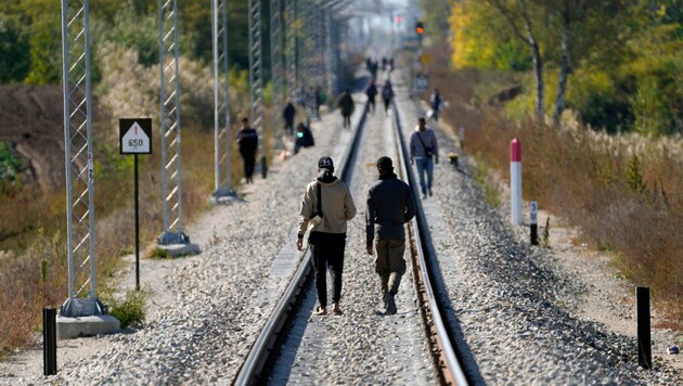 Migranten gehen auf Bahngleisen nahe der Grenze zwischen Serbien und Ungarn auf der sogenannten Balkanroute. (Bild: Associated Press)
