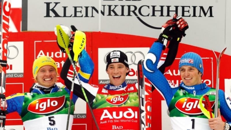 Das Siegerpodest beim letzten BKK-Slalom der Herren: Benni Raich gewann vor Jens Byggmark (li.) und Manfred Mölgg. (Bild: GEPA pictures/ Martin Dirninger)