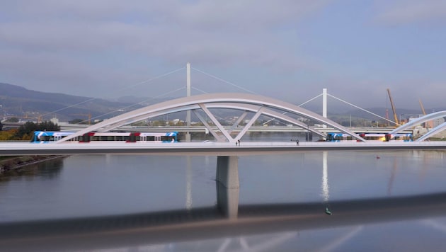 tadtbahnzüge auf der neuen Eisenbahnbrücke werden noch lange eine bloße Visualisierung sein und nicht wirklich fahren. (Bild: Schiene OÖ)