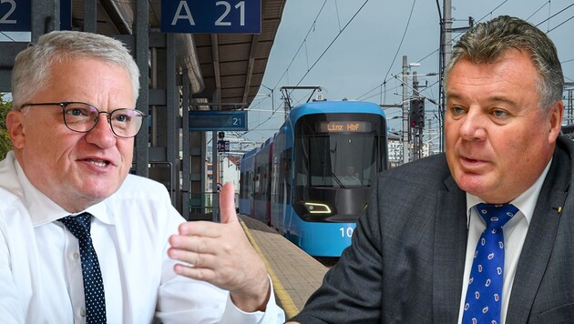 Immer für einen Zwist gut: der Linzer SP-Stadtchef Klaus Luger (l.) und FP-Mobilitätslandesrat Günther Steinkellner. (Bild: Schiene OÖ, Wenzel Markus, Dostal Harald, Krone KREATIV)