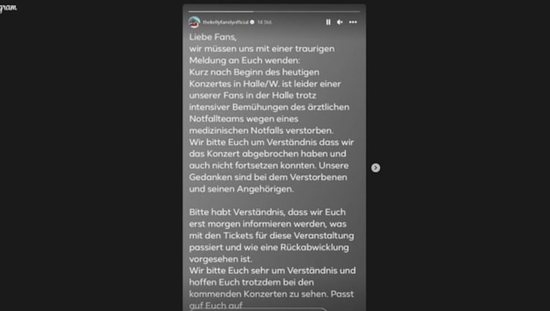 Mitteilung der Kelly Family auf Instagram zum tragischen Tod eines Fans. (Bild: www.instagram.com/thekellyfamilyofficial)