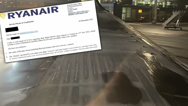 In dem Schreiben von Ryanair zu dem Flug, der trotz vereister Tragflächen von Danzig nach Wien unterwegs gewesen sein soll, werden sämtliche Vorwürfe von der Hand gewiesen. (Bild: "Krone", zVg, Krone KREATIV)