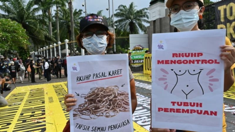 Aktivisten protestieren gegen das Gesetz vor dem Parlamentsgebäude in Jakarta (Bild: APA/AFP/ADEK BERRY)