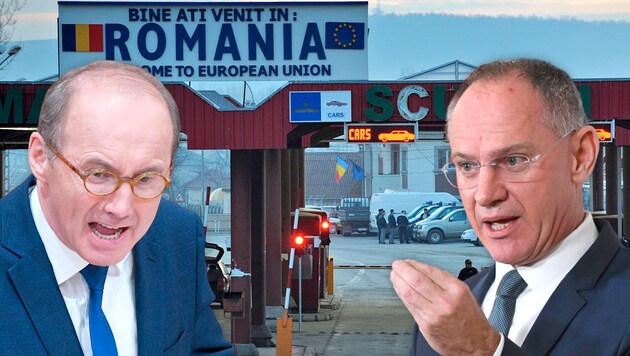 Schengen-Erweiterung: Österreich bleibt laut Innenminister Gerhard Karner (re.) beim Nein für Rumänien und Bulgarien. Das stößt seinem Parteikollegen Othmar Karas sauer auf. (Bild: AFP, APA Krone KREATIV,)