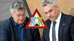 Endlos-Baustellen bei Türkis-Grün: Bundeskanzler Karl Nehammer und Vizekanzler Werner Kogler halten das Werk am Laufen. (Bild: APA, Krone KREATIV)