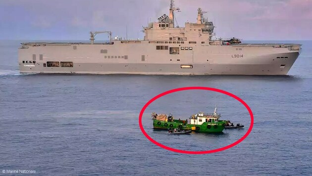 Mit rund 4,6 Tonnen Kokain war das Schiff auf dem Weg nach Europa. (Bild: Marine Nationale, krone.at-Grafik)