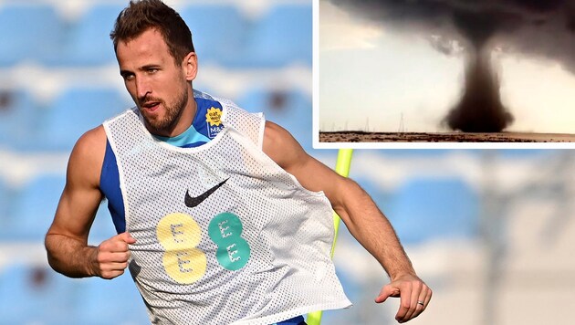 Englands Harry Kane und ein Bild des Katar-Tornados (Bild: APA/AFP/Paul ELLIS, twitter.com/qatarweather)