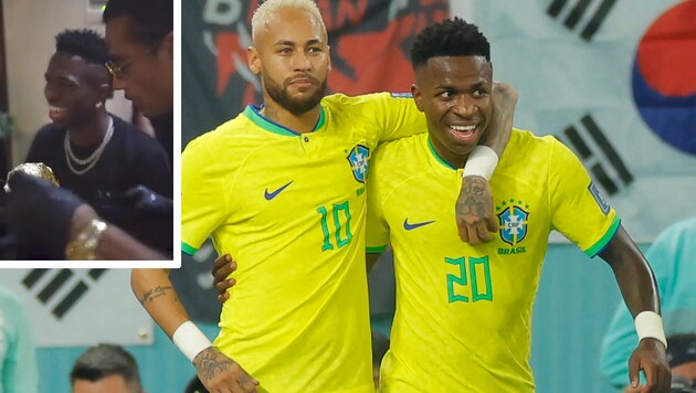 Vinicius Junior (re.) zusammen mit Neymar (Bild: APA/AFP/Odd ANDERSEN, instagram.com/nusr_et)