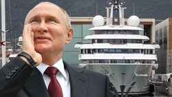 „Ahoi EU“, könnte Putin da rufen. Sein Schiff ist in der Toskana geparkt und kostet viel Geld. (Bild: APA/Picturedesk, Krone KREATIV)