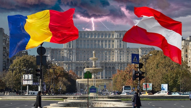 Österreichs Veto gegen Schengen-Beitritt Rumäniens: Zwischen Bukarest und Wien ziehen dunkle Gewitterwolken auf. (Bild: stock.adobe.com; AFP Krone KREATIV,)