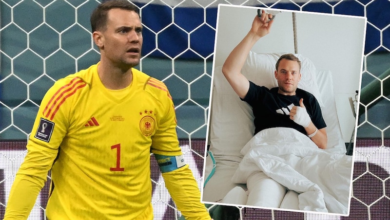 Manuel Neuer brach sich im vergangenen Winter bei einer Skitour das Schien- und Wadenbein. (Bild: AFP, instagram, krone.at-grafik)