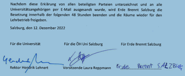 La declaración final de la universidad, el alumnado y los activistas (Imagen: Universidad de Salzburgo)
