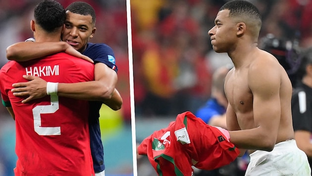 Kylian Mbappe tröstet Achraf Hakimi. (Bild: APA/AFP/FRANCK FIFE, AP)