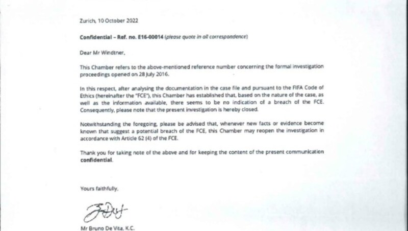 Im letzten Absatz des FIFA-Papieres wird Leo Windtner angehalten, den Inhalt vertraulich zu behandeln. (Bild: Georg Leblhuber)