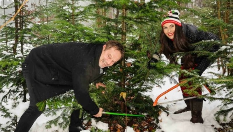 Ex-Torhüter Otto Konrad und Bloggerin Jeannette Graf hatten ihren Baum innerhalb von wenigen Minuten erfolgreich gefällt. (Bild: Scharinger Daniel)