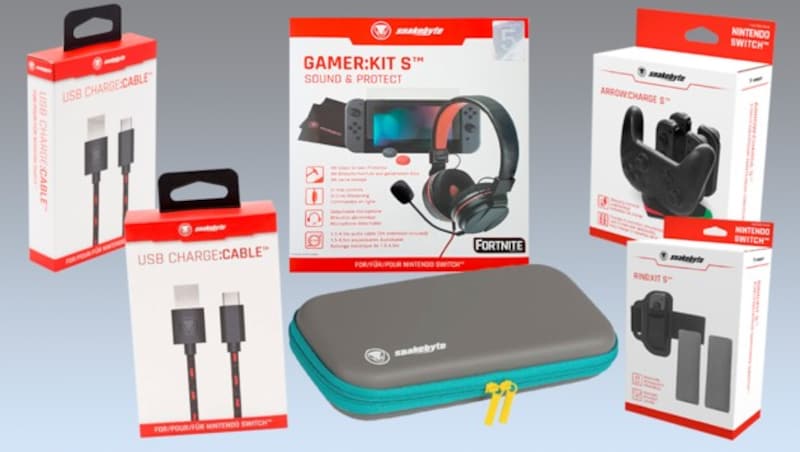 Für die Nintendo Switch gibt es von snakebyte 2x Carry:Case, 1x Gamer:Kit S Sound & Protect, 1x Arrow:Charge S, Ring:Kit S und 1x Charge:Cable zu gewinnen. (Bild: snakebyte;Krone KREATIV,)