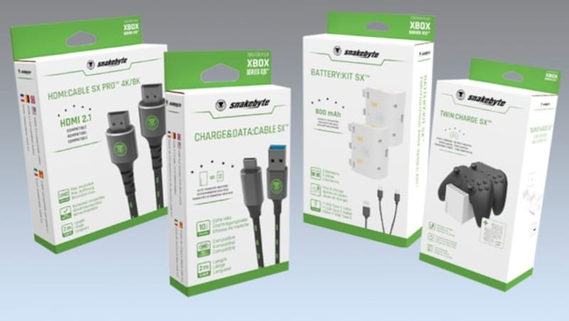 Für die Xboy Series X & S gibt es von snakebyte 1x Battery:Kit SX, 1x Twin:Charge SX, 1x HDMI:Cable SX PRO 4k/8k und 1x Charge&Data:Cable SX zu gewinnen. (Bild: snakebyte; Krone KREATIV,)