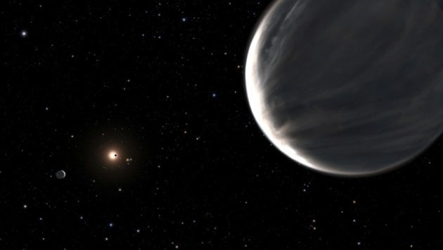 Künstlerische Illustration: Der Ozeanplanet Kepler -138d (rechts) und drei weitere Planeten im Orbit um einen Roten Zwerg (links) namens Kepler-138 (Bild: STScI)