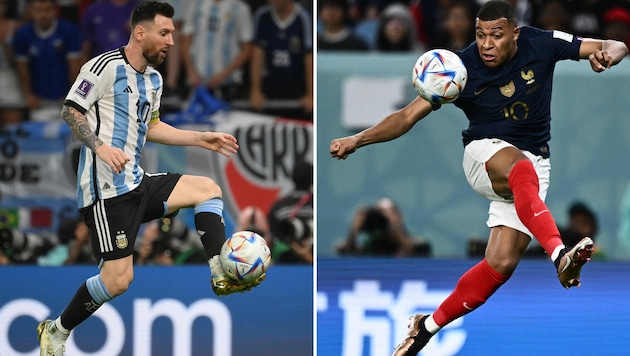 Lionel Messi (l.) und Kylian Mbappe (Bild: APA/AFP/Franck FIFE, Jewel SAMAD)