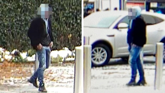 Der Verdächtige wurde am Mirabellplatz von einer Überwachungskamera gefilmt. (Bild: Polizei Salzburg, Krone KREATIV)