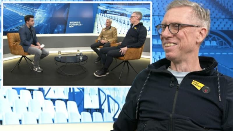 Peter Stöger mit Michael Konsel bei Michael Fally im „Krone“-WM-Studio (Bild: krone.tv)