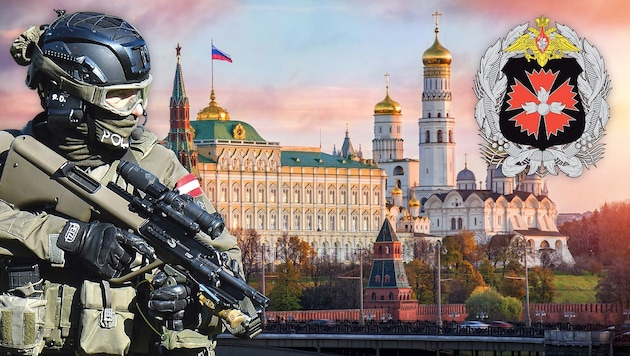 Cobra-Beate (li.) gingen gegen den Kreml-Spionagebefehl für den Militär-Geheimdienst GRU (Wappen) vor. (Bild: Wikipedia stock.adobe.com, Krone KREATIV)