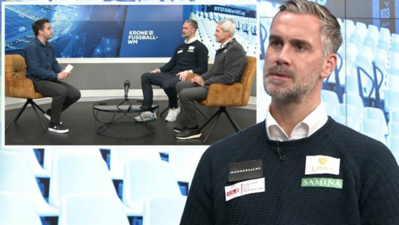 Stefan Maierhofer und Michi Konsel im „Krone“-WM-Studio bei Michael Fally (Bild: krone.tv)