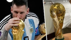 Lionel Messi - links k+sst er den Pokal, rechts die Übernachtungsstätte desselben (Bild: AP, Instagram.com/leomessi)