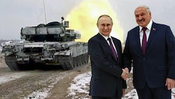 Während sich Kremlchef Wladimir Putin und sein weißrussischer Amtskollege Alexander Lukaschenko in Minsk trafen, führten ihre beiden Armee Gefechtsübungen durch. (Bild: APA/AFP/SPUTNIK/Konstantin ZAVRAZHIN, APA/Russian Defence Ministry/Handout, Krone KREATIV)
