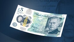 Die neue Fünf-Pfund-Note mit dem Porträt mit König Charles (Bild: APA/AFP/Photo by Bank of England)