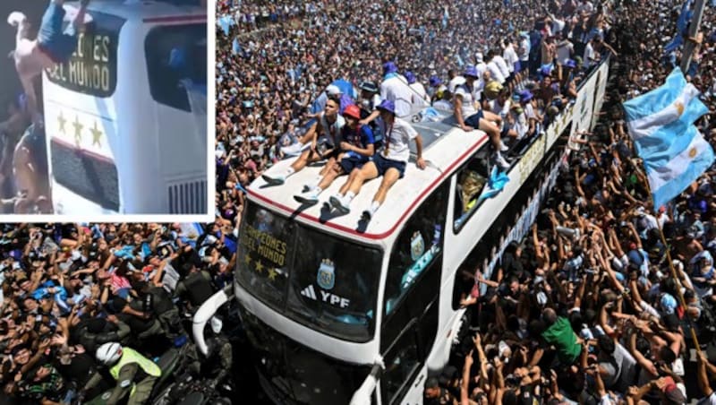 Fan stürzt von Bus. Chaos bei der WM-Party von Argentinien. (Bild: APA/AFP/Luis ROBAYO, twitter.com/DiarioOle)