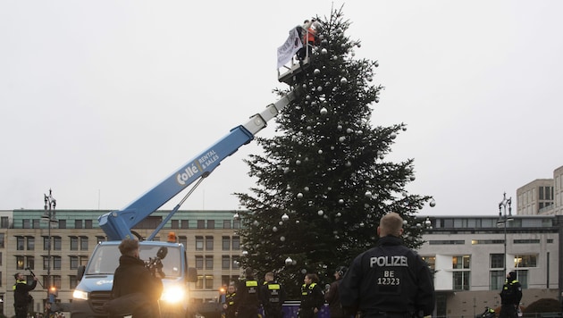 Mit einer Hebebühne gelangten die Aktivisten zu ihrem Ziel. (Bild: APA/dpa/Paul Zinken)