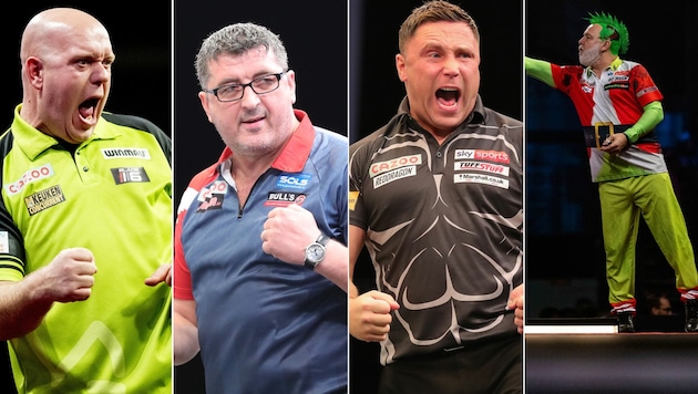 Michael van Gerwen, Mensur Suljovic, Gerwyn Price, Peter Wright (von links) - sie alle kommen im April nach Graz (Bild: AP, GEPA)