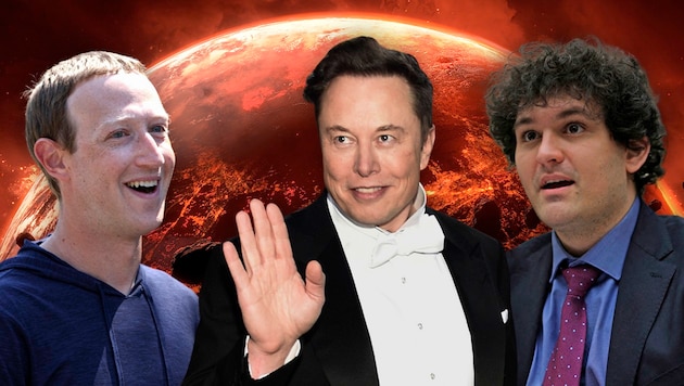 Zuckerberg, Musk, Bankman-Fried: Für Tech-Unternehmer war 2022 kein gutes Jahr. (Bild: AP/Evan Agostini/Invision, APA/AFP/Getty Images/Chip Somodevilla/Alex Wong/Kevin Dietsch, stock.adobe.com, Krone KREATIV)