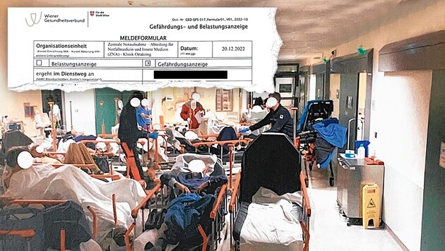 Die Anzeige der Klinik Ottakring - mit einem dramatischen Bild aus der heillos überfüllten Notaufnahme des Spitals (Bild: zVg, Krone KREATIV)